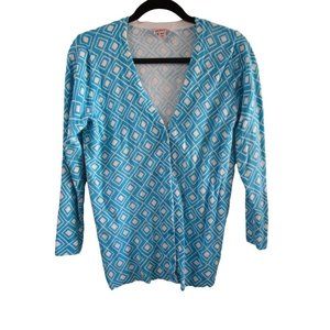 Merona Bright Blue White Diamond Pattern V Neck Ladies Medium Cardigan